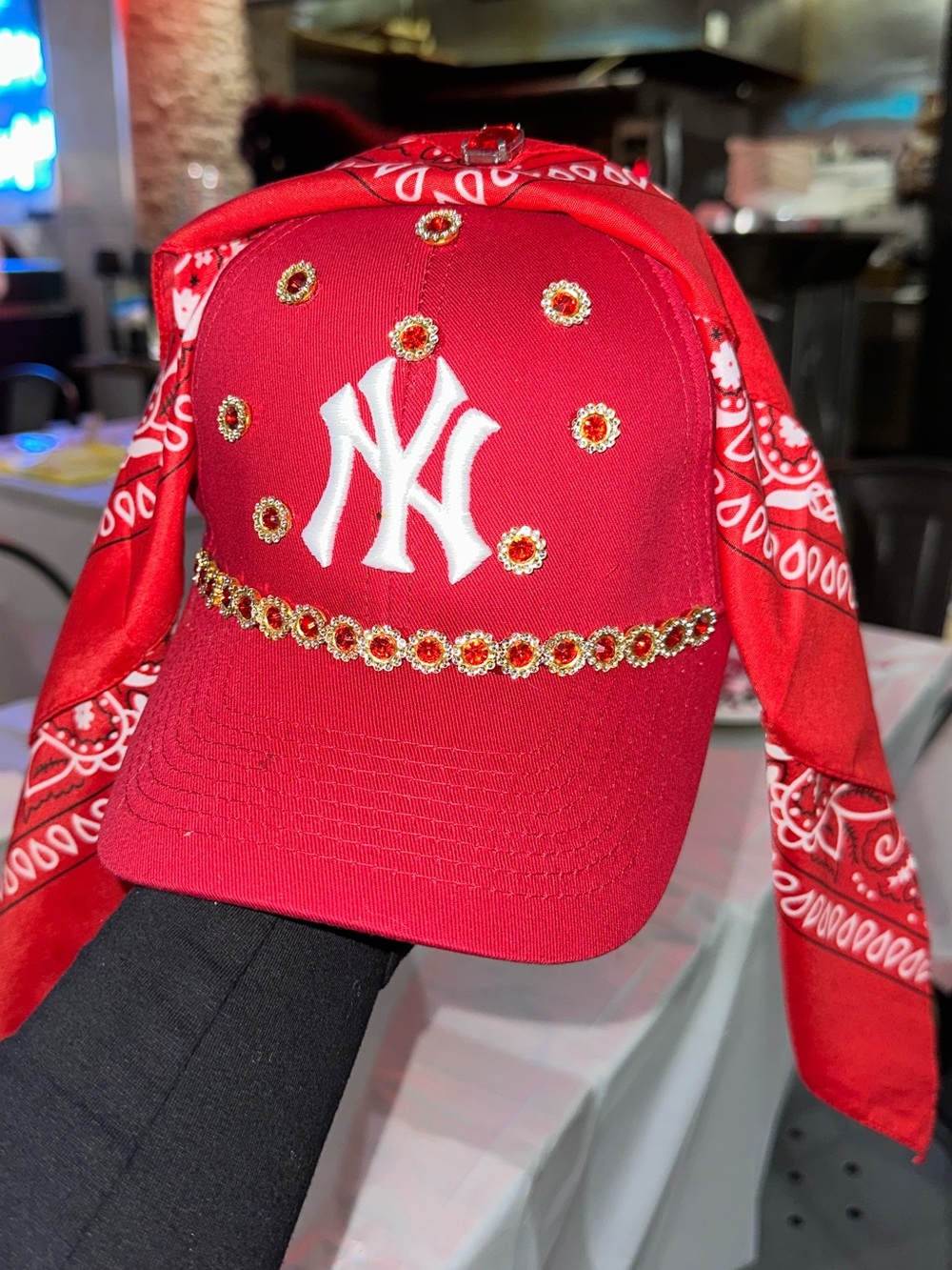 Red NY Embellished Baseball Cap with Bandana